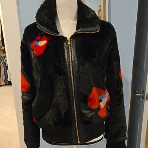 Marc NEW YORK ANDREW MARC Black and Red FAUX FUR Teddy BOMBER Jacket M Y2k